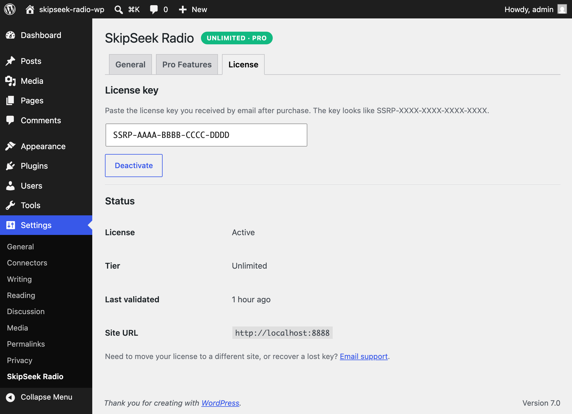 License tab